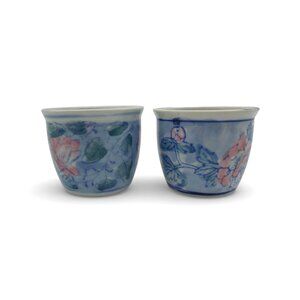 Handpainted Floral Small Planters Set of 2 Blue and Pink Motif Vintage China